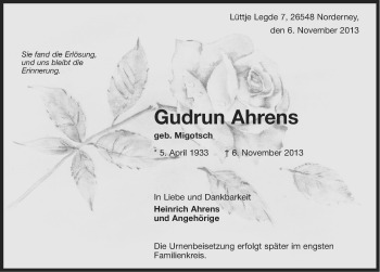 Traueranzeige von Gudrun Ahrens von Ostfriesischer Kurier