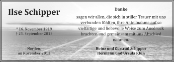 Traueranzeige von Ilse Schipper von Ostfriesischer Kurier