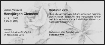 Traueranzeige von Hansjürgen Clemens von Ostfriesischer Kurier