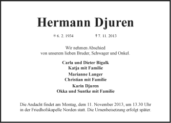 Traueranzeige von Hermann Djuren von Ostfriesischer Kurier