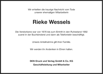 Traueranzeige von Rieke Wessels von Ostfriesischer Kurier