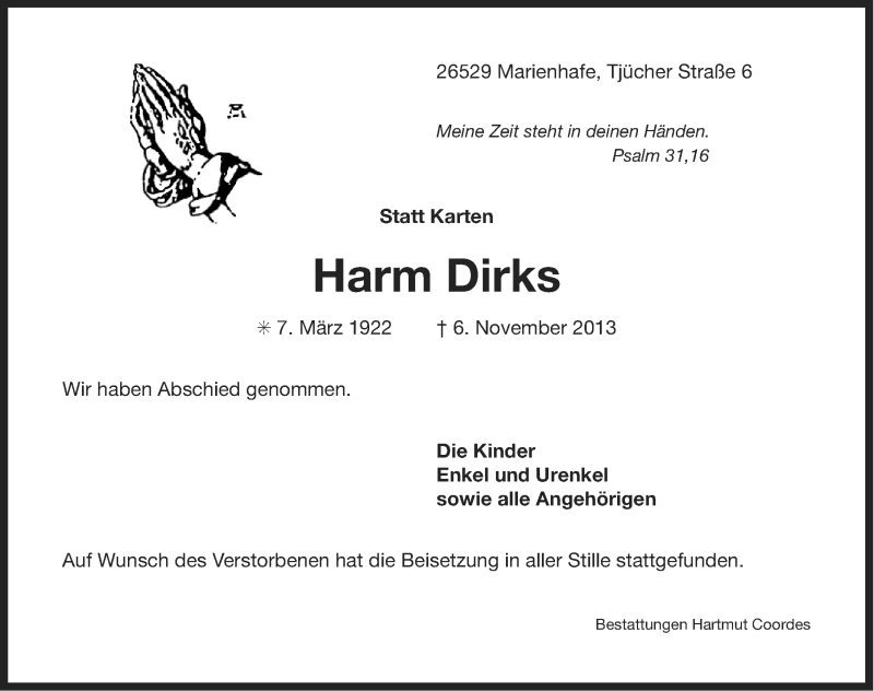  Traueranzeige für Harm Dirks vom 12.11.2013 aus Ostfriesischer Kurier