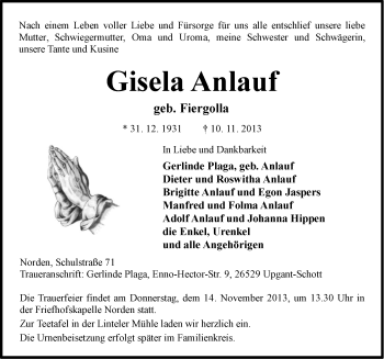 Traueranzeige von Gisela Anlauf von Ostfriesischer Kurier