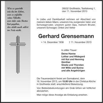 Traueranzeige von Gerhard Grensemann von Ostfriesischer Kurier