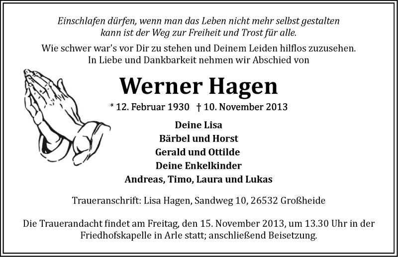  Traueranzeige für Werner Hagen vom 12.11.2013 aus Ostfriesischer Kurier