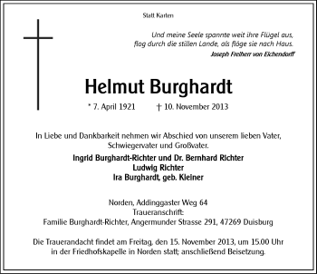 Traueranzeige von Helmut Burghardt von Ostfriesischer Kurier