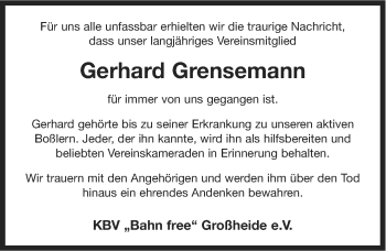 Traueranzeige von Gerhard Grensemann von Ostfriesischer Kurier