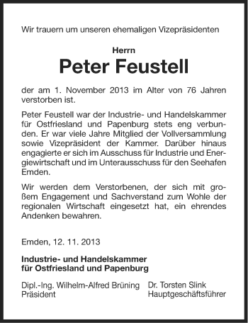 Traueranzeige von Peter Feustell von Ostfriesischer Kurier