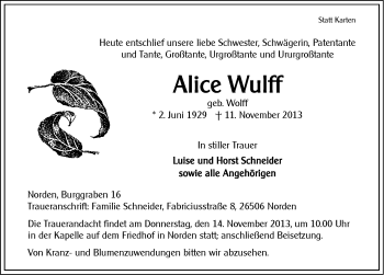 Traueranzeige von Alice Wulff von Ostfriesischer Kurier