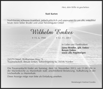 Traueranzeige von Wilhelm Emkes von Ostfriesischer Kurier
