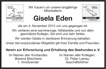 Traueranzeige von Gisela Eden von Ostfriesischer Kurier