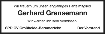 Traueranzeige von Gerhard Grensemann von Ostfriesischer Kurier