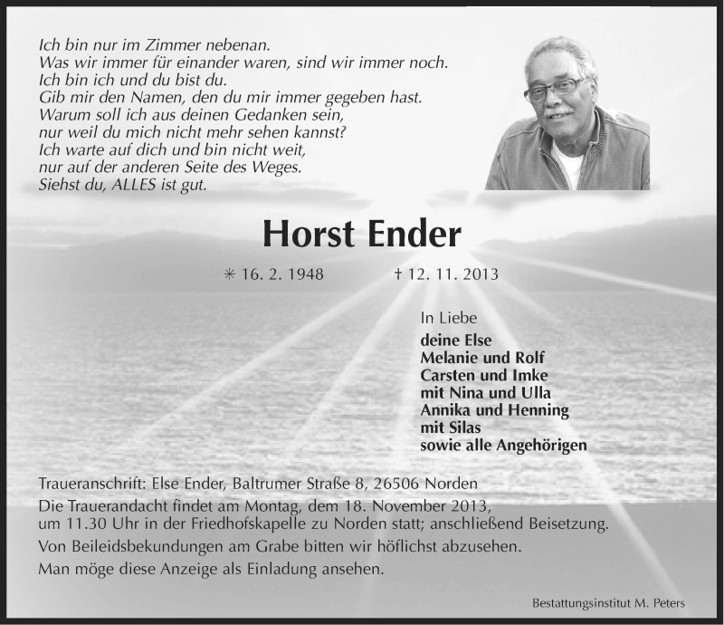  Traueranzeige für Horst Ender vom 14.11.2013 aus Ostfriesischer Kurier