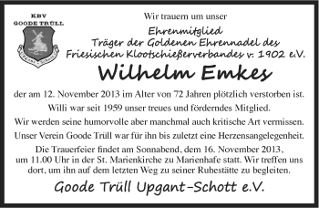 Traueranzeige von Wilhelm Emkes von Ostfriesischer Kurier