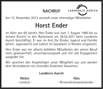 Traueranzeige von Horst Ender von Ostfriesischer Kurier