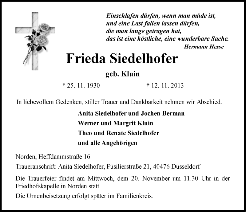  Traueranzeige für Frieda Siedelhofer vom 15.11.2013 aus Ostfriesischer Kurier