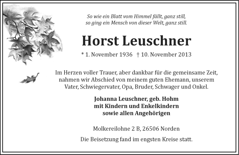  Traueranzeige für Horst Leuschner vom 16.11.2013 aus Ostfriesischer Kurier