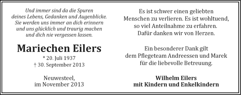 Traueranzeige für Mariechen Eilers vom 16.11.2013 aus Ostfriesischer Kurier
