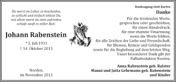 Traueranzeige von Johann Rabenstein von Ostfriesischer Kurier