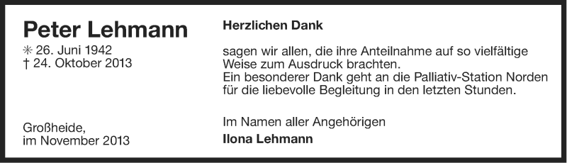  Traueranzeige für Peter Lehmann vom 16.11.2013 aus Ostfriesischer Kurier