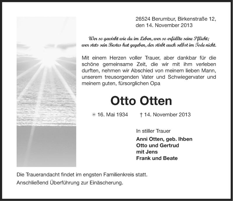 Traueranzeige für Otto Otten vom 16.11.2013 aus Ostfriesischer Kurier