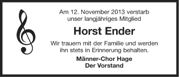 Traueranzeige von Horst Ender von Ostfriesischer Kurier