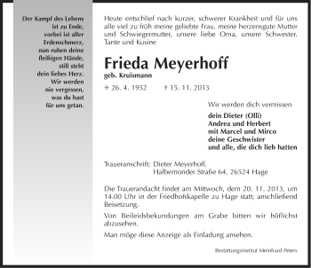 Traueranzeige von Frieda Meyerhoff von Ostfriesischer Kurier