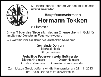 Traueranzeige von Hermann Tekken von Ostfriesischer Kurier
