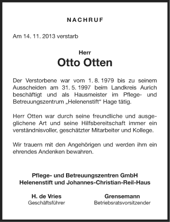 Traueranzeige von Otto Otten von Ostfriesischer Kurier