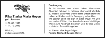 Traueranzeige von Rika Tjarka Maria Heyen von Ostfriesischer Kurier