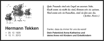 Traueranzeige von Hermann Tekken von Ostfriesischer Kurier