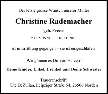 Traueranzeige von Christine Rademacher von Ostfriesischer Kurier