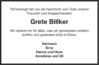 Traueranzeige von Grete Billker von Ostfriesischer Kurier