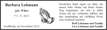 Traueranzeige von Barbara Lehmann von Ostfriesischer Kurier