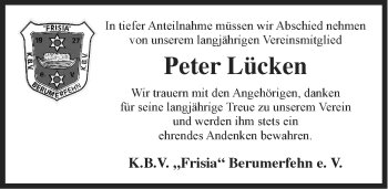 Traueranzeige von Peter Lücken von Ostfriesischer Kurier