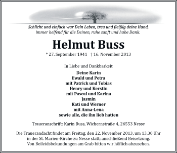 Traueranzeige von Helmut Buss von Ostfriesischer Kurier