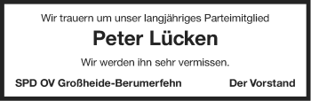 Traueranzeige von Peter Lücken von Ostfriesischer Kurier