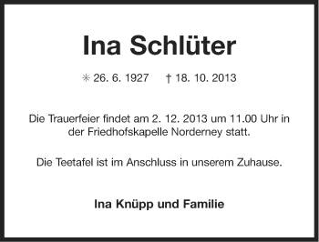Traueranzeige von Ina Schlüter von Ostfriesischer Kurier