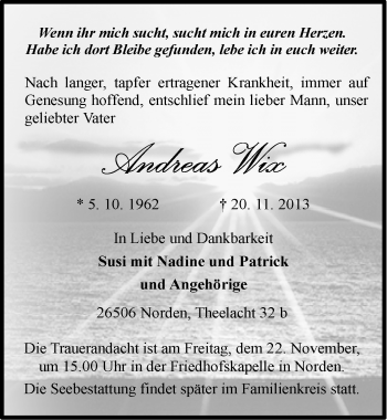 Traueranzeige von Andreas Wix von Ostfriesischer Kurier