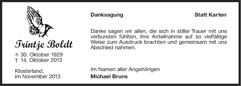  Traueranzeige für Trintje Boldt vom 23.11.2013 aus Ostfriesischer Kurier
