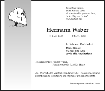 Traueranzeige von Hermann Waber von Ostfriesischer Kurier