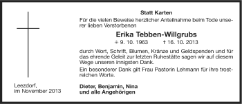 Traueranzeige von Erika Tebben-Willgrubs von Ostfriesischer Kurier