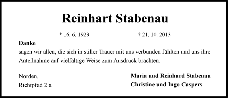  Traueranzeige für Reinhart Stabenau vom 23.11.2013 aus Ostfriesischer Kurier