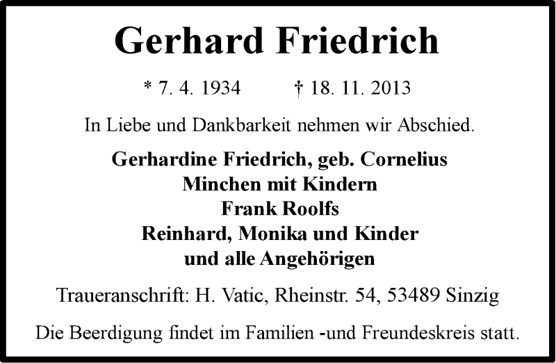  Traueranzeige für Gerhard Friedrich vom 23.11.2013 aus Ostfriesischer Kurier
