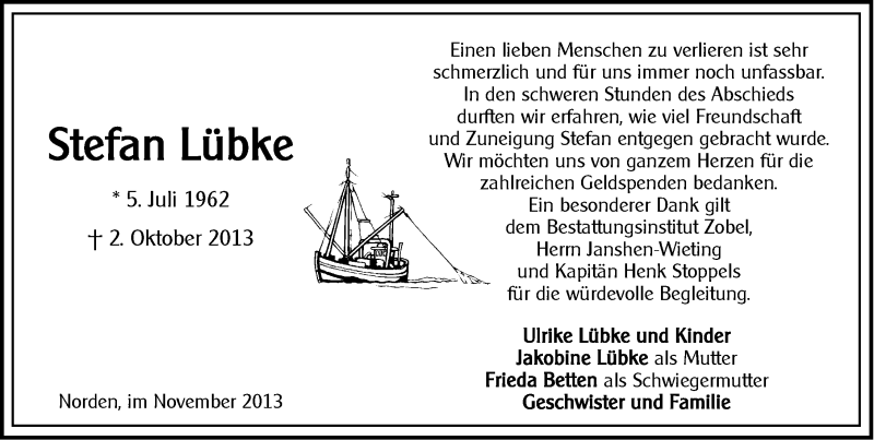  Traueranzeige für Stefan Lübke vom 23.11.2013 aus Ostfriesischer Kurier