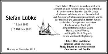 Traueranzeige von Stefan Lübke von Ostfriesischer Kurier