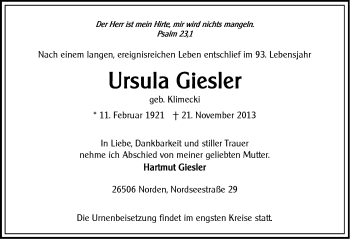 Traueranzeige von Ursula Giesler von Ostfriesischer Kurier
