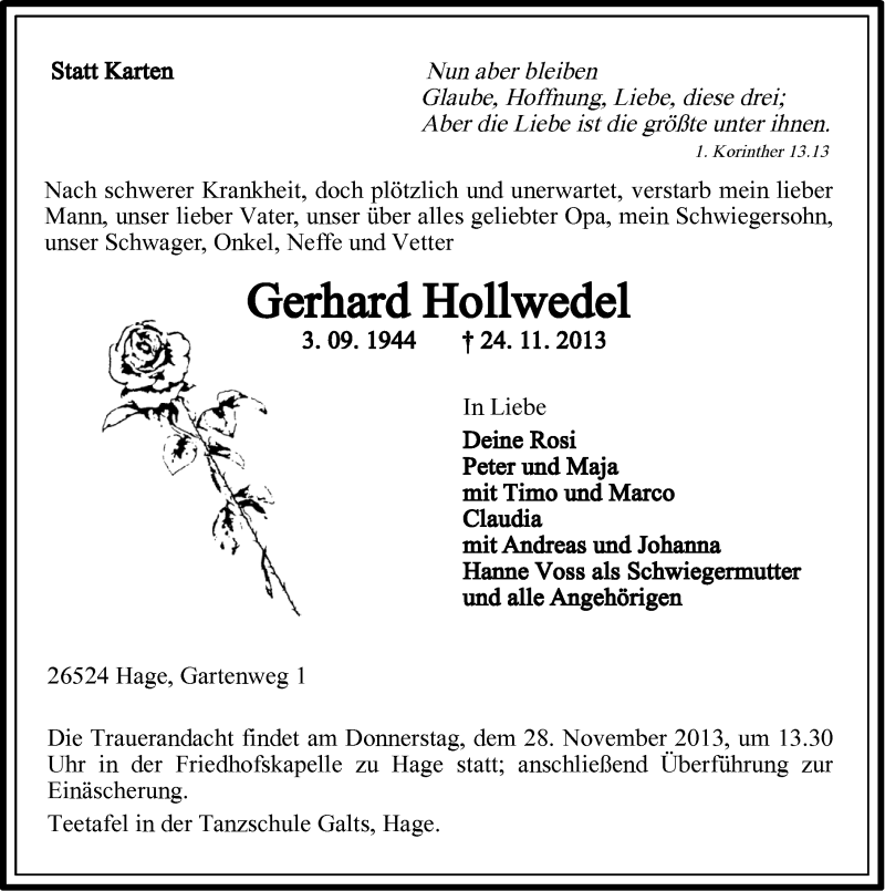  Traueranzeige für Gerhard Hollwedel vom 26.11.2013 aus Ostfriesischer Kurier
