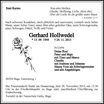 Traueranzeige von Gerhard Hollwedel von Ostfriesischer Kurier