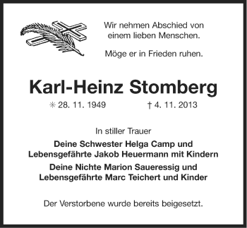Traueranzeige von Karl-Heinz Stomberg von Ostfriesischer Kurier